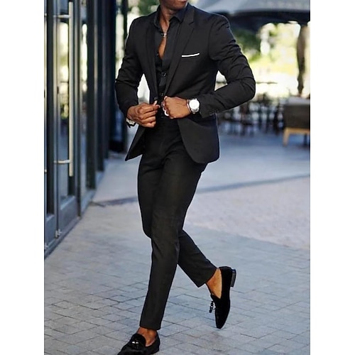 Uomo Matrimonio Feste Completi Dentellato Bavero classico Nero Blu marino scuro Affari Casual Tinta unita Vestibilità su misura 2 pezzi Monopetto a un bottone