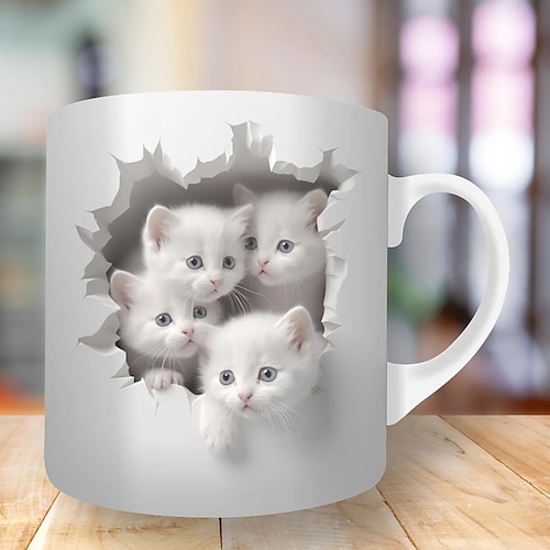 

3D Print Kittens Hole In A Wall Mug, Ceramic Coffee Cat Mug 3D Novelty Cat Mugs Cat Lovers Coffee Mug Cat Club Cup White Ceramic Mug Gifts For Men Women