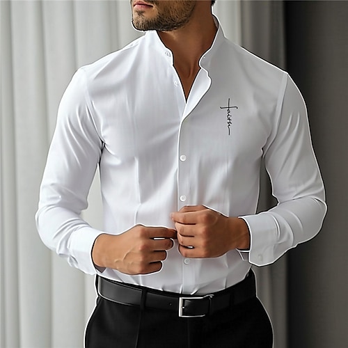 

Мужская деловая повседневная рубашка с 3D принтом веры, уличная одежда для работы, повседневная весенняя одежда & Летняя рубашка с воротником-стойкой и длинными рукавами, белая, розовая, синяя, S, M,