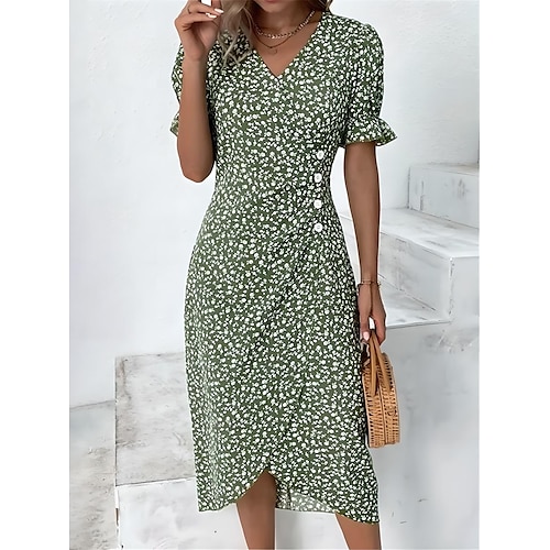 

Women's Wrap Dress Floral Dress Floral Ditsy Floral Button Print V Neck Midi Dress Fashion Classic Daily Holiday Short Sleeve Regular Fit Black Dark Red Yellow Summer Spring S M L XL XXL