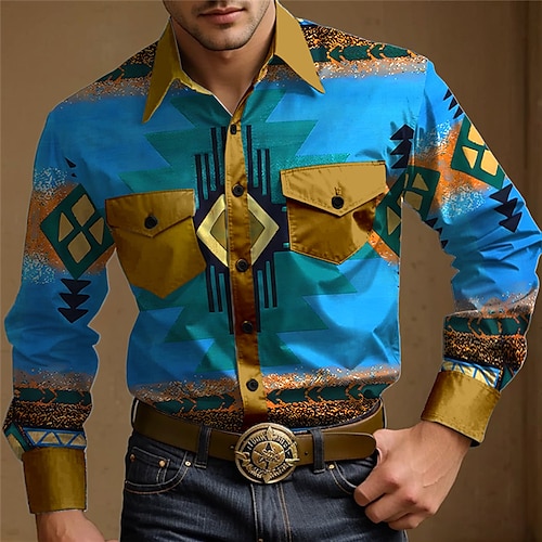 

Геометрия, мужская винтажная рубашка в западном стиле с 3D-принтом, повседневная одежда, выход на выходные, весенняя отложная рубашка с длинными рукавами, синяя, фиолетовая, коричневая, s, m, l, рубашка из эластичной ткани в 4 направлениях