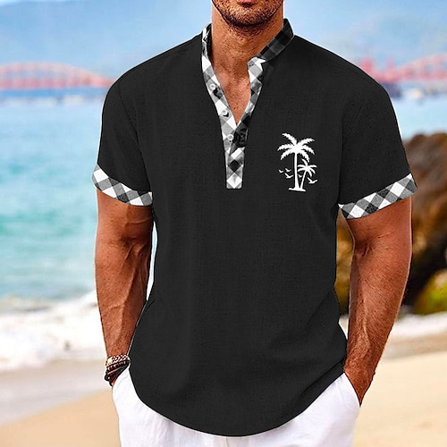 

Plaid Coconut Palm Men's Resort Hawaiian 3D Print Shirt Henley Shirt Button Up Shirt Summer Shirt Holiday Vacation Going out Spring & Summer Stand Collar Henley Collar Short Sleeve Black White Blue