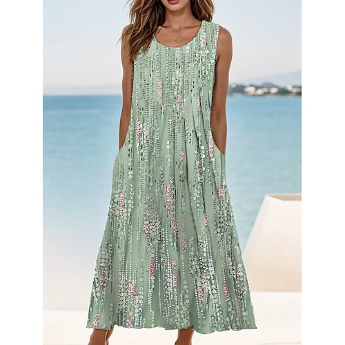 

Women's Tank Dress Summer Dress Print Dress Floral Graphic Ruched Pocket Crew Neck Midi Dress Daily Vacation Sleeveless Summer Spring