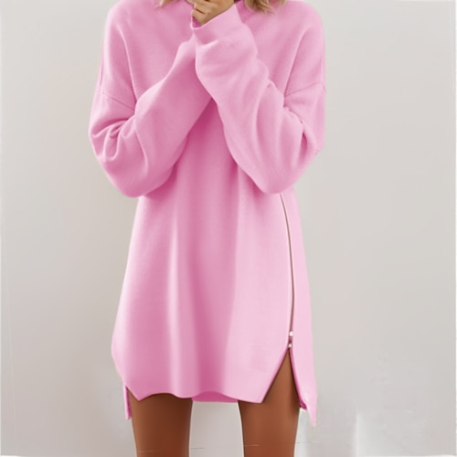 

Women's Sweater Dress Jumper Dress Casual Dress Mini Dress Knitwear Basic Pure Color Winter Dress Daily Holiday Fall Dress Crew Neck Long Sleeve Zipper Boom Sale Dress Regular Fit Pink Wine Navy Blue