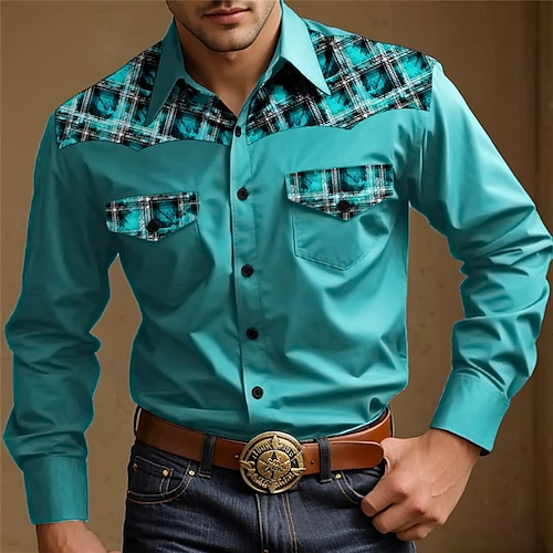 

клетчатая/клетчатая мужская винтажная рубашка в западном стиле с 3D-принтом, повседневная одежда, выход на выходные, весенняя отложная рубашка с длинными рукавами, красный, синий, коричневый, s, m, l, рубашка из эластичной ткани в 4 направлениях