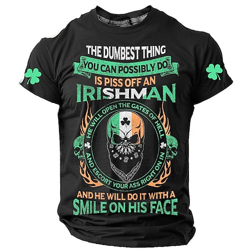 

Shamrock The Dumbest Thing You Can Possiby Do Is Piss off an Irishmam Skulls Daily Designer Casual Men's 3D Print T shirt Tee Sports Outdoor Holiday Going out St. Patrick T shirt Black Blue Army Green