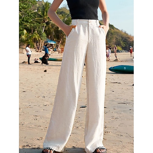 Femmes Jambe large Pantalon en coton et lin Pantalons Mode Longueur complète Uni Poches Latérales in in france they say Pontalon wide leg Respirabilité Confortable Non Elastique Décontracté Quotidien