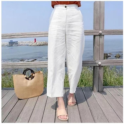 Femmes Pantalon en coton et lin Pantalons Mode Longueur cheville Uni Poches Latérales Respirabilité Confortable Non Elastique Décontracté Quotidien Noir Blanche Kaki Beige Printemps & Automne