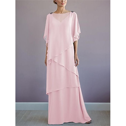 Robe de mère de la mariée A-Line pour mariage à la plage invité de mariage formel élégant décolleté bateau longueur sol chiffon manches demi-longues avec volants drapés