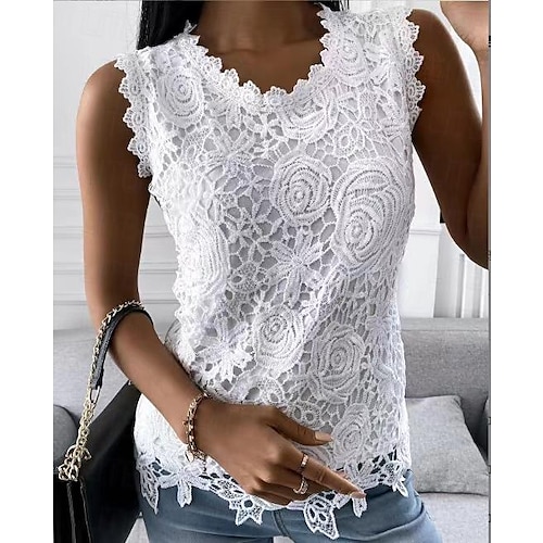 Top in pizzo senza maniche da donna bianco camicia in pizzo colore solido moda quotidiana collo rotondo S