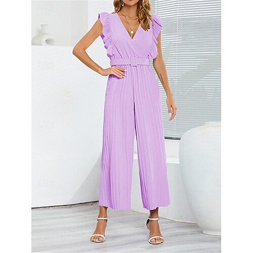 Femme Normal Combinaison Elégant Couleur unie Sans Manches Col V A Volants Taille haute Plein Air du quotidien Standard Noir Blanche Bleu Eté
