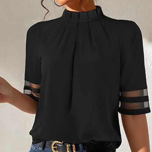 

Жен. Рубашка Блуза Полотняное плетение Повседневные Сетка Черный С короткими рукавами Классический Хомут Вырез под горло