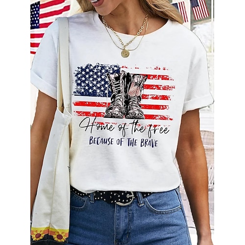  Independence Day Women's Patriotic Fourth of July T Shirt American Flag National Flag Fashion Basic Short Sleeve Crew Neck Regular Tops Casual Weekend Print White Pink Summer