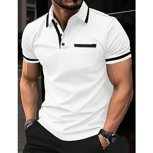 

Men's Polo Shirt Button Up Polos Casual Sports Lapel Short Sleeve Fashion Basic Color Block Patchwork Pocket Summer Regular Fit Navy White Wine Blue Gray Polo Shirt
