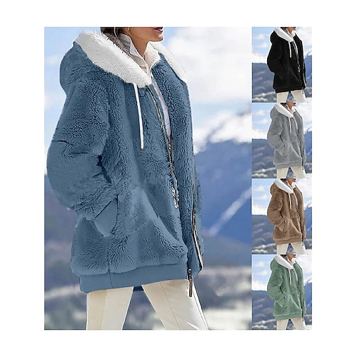 

Women's Fleece Jacket Sherpa Jacket Teddy Coat Outdoor Street Daily Wear Fall Winter Regular Coat Regular Fit Windproof Warm Comtemporary Stylish Plush Jacket Long Sleeve Plain Full Zip Black
