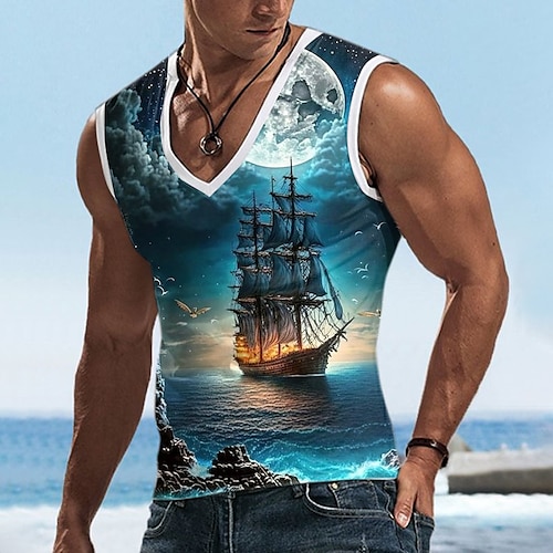

Sailboat Men's Subculture Style 3D Print Tank Top Vest Top Sleeveless T Shirt for Men Sports Outdoor Holiday Gym T shirt Blue Sky Blue Orange Sleeveless V Neck Shirt Summer Clothing