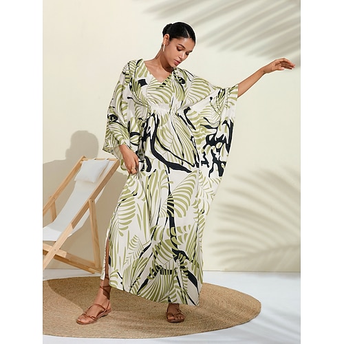 Robe longue en satin à fleurs, col en V, robe caftan