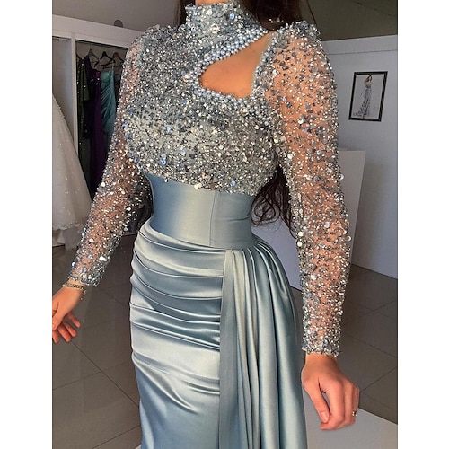 Mermaid / Trumpet Evening Gown Sliver Elegant Dress Formal Sweep / Brush Train Long Sleeve High Neck Satin with Pearls Sequin 2024