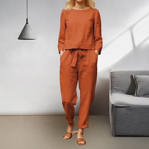 Completo due pezzi da donna, semplice, basic, in tinta unita, con tasche, elastico in vita, in cotone e lino, per strada, quotidiano, a maniche lunghe, girocollo, nero, arancione, beige, estate, primavera.