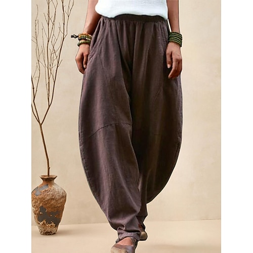 Per donna Pantaloni in cotone e lino Chinos Pantaloni Semplice Casual Lunghezza intera Vita Alta Semplice Tasca Elastico in vita Baggy Comodità Traspirabilità Morbido Micro-elastico Vacanza