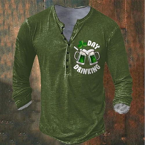  St. Patrick st paddys Shamrock Beer Men's  Casual 3D Print T shirt Tee Henley Shirt Holiday Going out St. Patrick T shirt Green Black Long Sleeve Henley Shirt Spring & Fall Clothing Apparel