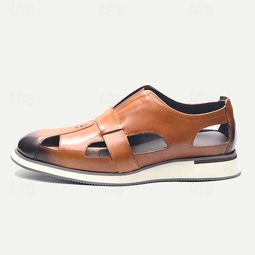  herrsandaler i brunt läder med utskurna loafers - ventilerande slip-on vardagsskor med kontrast tå för sommaren