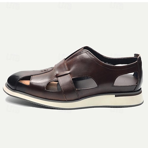  herrsandaler i brunt läder med utskurna loafers - ventilerande slip-on vardagsskor med kontrast tå för sommaren