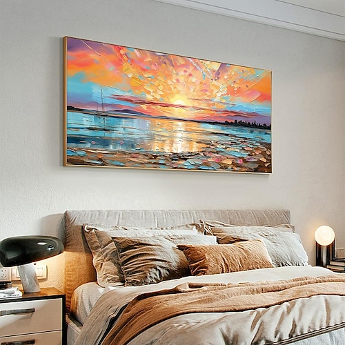 2025年 油絵手描きの印象派海辺の日没の油絵キャンバス現代海景