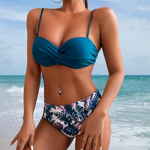 Dame Normal Badetøy Bikini 2 stk Frekk Badedrakt 2 deler Åben Ryg Sexy Printer Høy midje Ferie Mote Blomstret Blader Med stropper Ermeløs Badedrakter