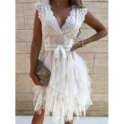 Pentru femei Rochie de mireasa din dantela alba Rochii Boho Chic Rochie Boho pentru invitați de nuntă Rochie Mini Multistratificat cu Maneca Nuntă Dată Vacanță Linie A În V Fără manșon Negru Alb Roz