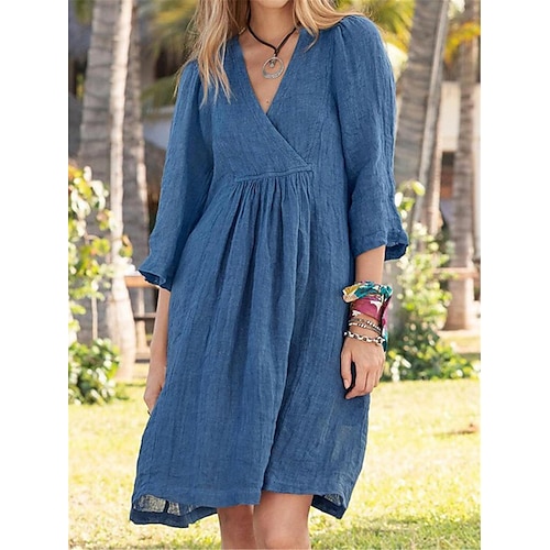 Femmes Blanche Bleu Marron Été Printemps Mini Robe Robes inspirées du lin Robe Blanche Robe Décontractée Basique Moderne Quotidien Week-end Coupe Ample Uni Col en V