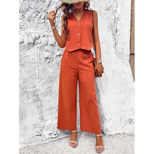 Ensembles inspirés du lin pour femmes, gilet, haut à col en V superposé, chemise courte boutonnée, pantalon large taille haute, lin orange rouille texturé, léger, printemps été, décontracté, événement, élégant