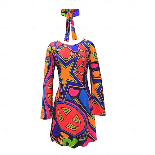 Retro Vintage 1970s Disco Dress Headband Flare Cuff Sleeve Hippie Fancy Dress Women's Carnival Masquerade Party Evening Pride Parade Pride Month Retro Vintage 1970s Disco Dress Headband Flare Cuff Sleeve Hippie Fancy Dress Women's Carnival Masquerade Party Evening Pride Parade Pride Month