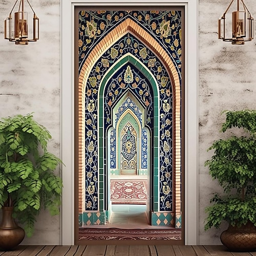 Ramadán Kareem mezquita cubiertas de puerta decoración mural puerta tapiz puerta cortina decoración telón de fondo puerta pancarta extraíble para puerta de entrada interior al aire libre decoración