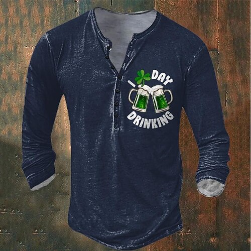  St. Patrick st paddys Shamrock Beer Men's  Casual 3D Print T shirt Tee Henley Shirt Holiday Going out St. Patrick T shirt Green Black Long Sleeve Henley Shirt Spring & Fall Clothing Apparel