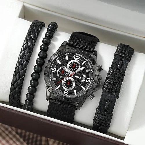 Men's 4pcs/Set Quartz Watch for Men Analog Quartz Retro Stylish