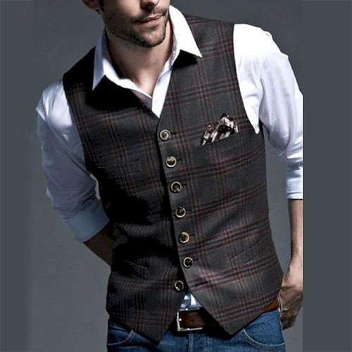 Hombre Chaleco Boda Evento / Fiesta Diario Moda Negocios Primavera verano Botón Bolsillo Poliéster Cómodo Plaid Recto 1 botón Escote en Pico Ajuste regular Negro Chaleco