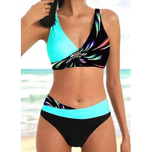 Femme Grande Taille Maillots de Bain Bikinis Maillot de bain 2 Pièces Découpé Faire monter Eté Graphic Sans Manches Maillots de bain