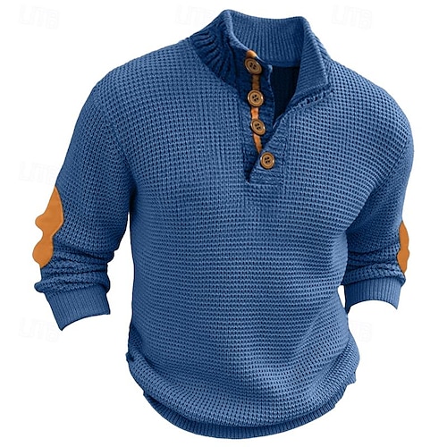 Herre Pullover genser Kabelstrikket genser Patch genser Riflet Strikke Normal Strikket عادي Høy krage Årgang Hold Varm Dagligdagstøy Ut på byen Klær Høst Vinter Svart Blå M L XL
