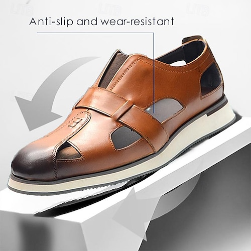  herrsandaler i brunt läder med utskurna loafers - ventilerande slip-on vardagsskor med kontrast tå för sommaren