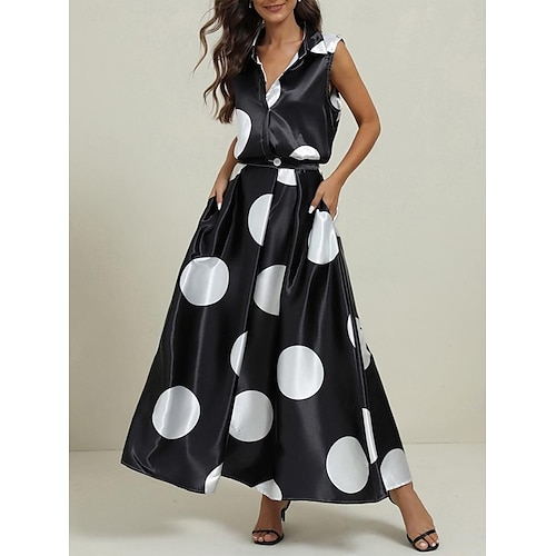 

Women's Satin Shirt Dress Satin Dress Polka Dot Pocket Print Shirt Collar Maxi long Dress Vintage Vacation Sleeveless Summer Spring