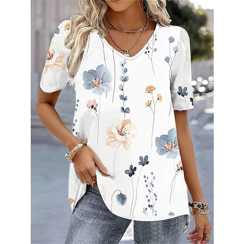 

Women's T shirt Tee Floral Print Holiday Weekend Basic Short Sleeve V Neck White