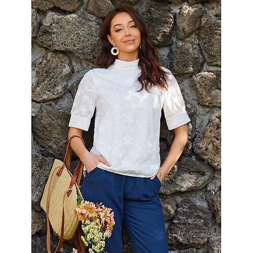 

Women's Blouse Turtleneck shirt Cotton Linen Floral Casual Holiday Going out White Embroidered Short Sleeve Vacation Elegant & Luxurious Casual Standing Collar Regular Fit Summer Spring Fall