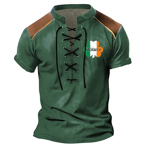 

St. Patrick st paddys Shamrock Irish Flag Men's Casual 3D Print Henley Shirt T shirt Tee Casual Holiday T shirt Blue Brown Green Short Sleeve Lace Up Neck Henley Shirt Spring & Summer