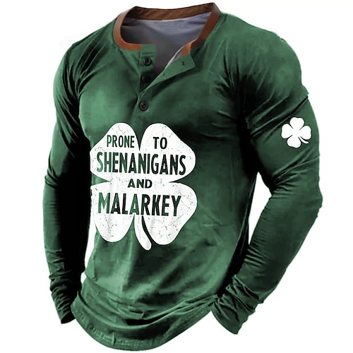 

St.Patrick's Day st paddys Shamrock Men's Casual 3D Print Henley T Shirt Tee Casual Holiday T shirt Black Blue Green Long Sleeve Henley Shirt Spring & Fall Clothing Apparel S M XL XXL 3XL