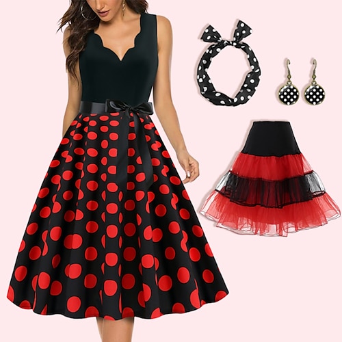 

Retro Vintage 1950s Rockabilly Petticoat Hoop Skirt A-Line Dress Tutu Women's Polka Dot Party / Evening Masquerade Adults' Dress Earrings Headwear Spring & Summer