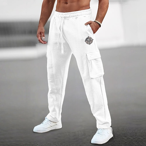 

95%Cotton Men's Embroidery Sweatpants Joggers Trousers Drawstring Elastic Waist Multi Pocket Plain Comfort Breathable Casual Daily Holiday Sports Fashion Spring Summer Black White