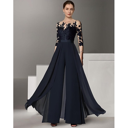 

Jumpsuit / Pantsuit Mother of the Bride Dress Formal Wedding Guest Elegant Party Scoop Neck Ankle Length Chiffon Lace 3/4 Length Sleeve with Appliques 2024