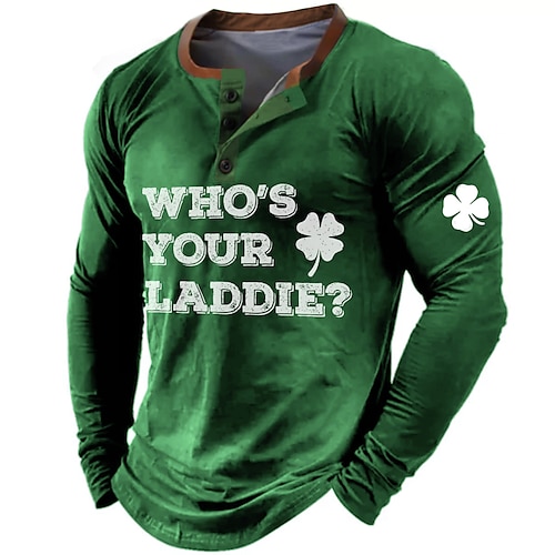

St.Patrick's Day st paddys WHO's YOUR LADDIE Shamrock Men's Casual 3D Print Henley Shirt Casual Holiday T shirt Black Blue Green Long Sleeve Henley Shirt Spring & Fall Clothing Apparel S M XL XXL 3XL