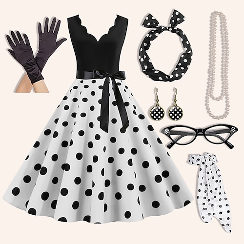 

Women's A-Line Rockabilly Dress Polka Dots Swing Dress Flare Dress with Accessories Set 1950s 60s Retro Vintage with Headband Chiffon Scarf Earrings Cat Eye Glasses Pearl Necklace Gloves 7PCS